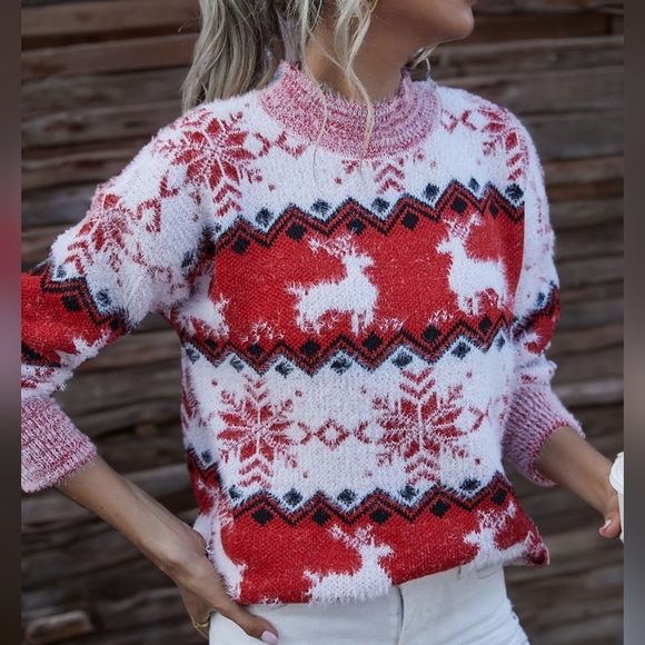 Fuzzy Fair Isle Snowflake Reindeer Red Knit Shirt Holiday Minimalist Sweater Top - Picture 2 of 7